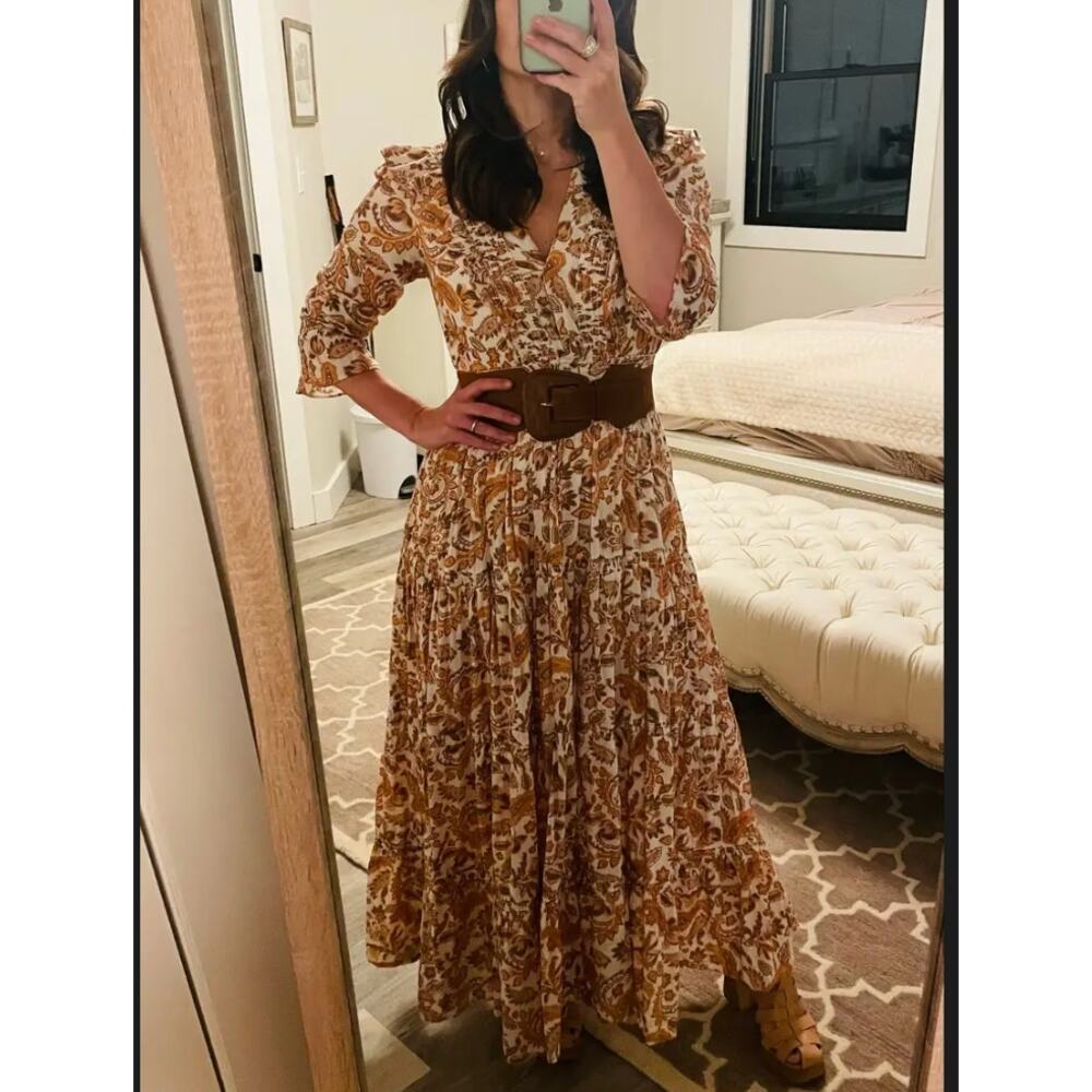 Maje Brown Floral Peasant Maxi Dress Size 0 Prairie Ruffle Designer Cottage $535 - Picture 7 of 13
